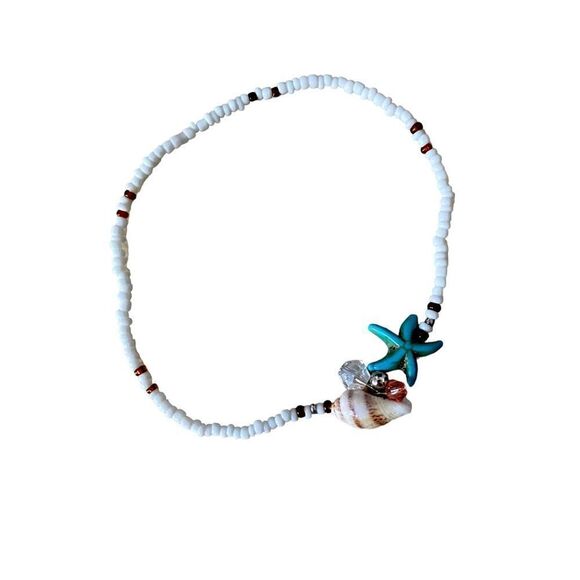 Beachy Boho Beaded Starfish & Seashell Charm Stretchy Ankle Bracelet OSFM - Picture 1 of 4